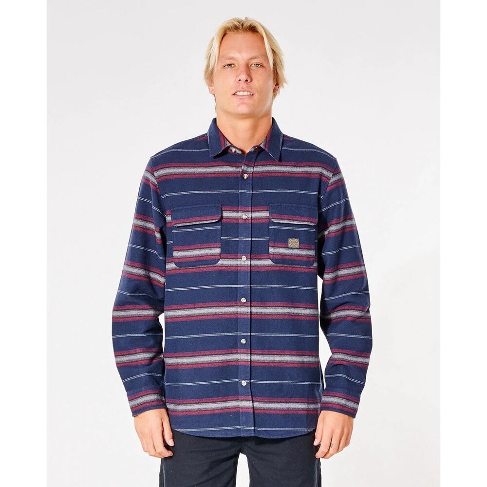 Rip Curl Steamzee Striped Button Up Flannel Shirt M‎ Navy Collared Long Sleeve